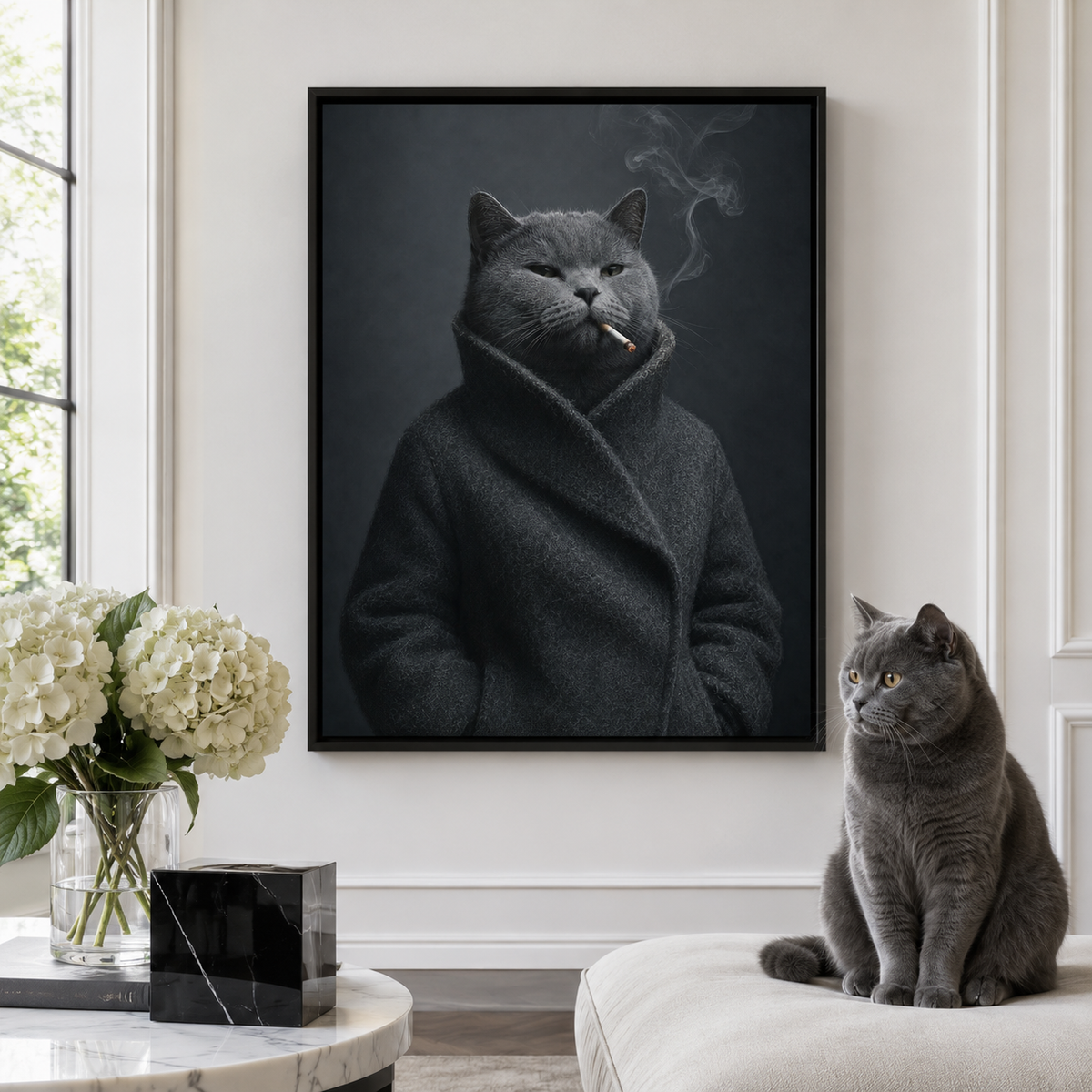 Custom Moody Gray Cat Portrait Canvas Wall Art
