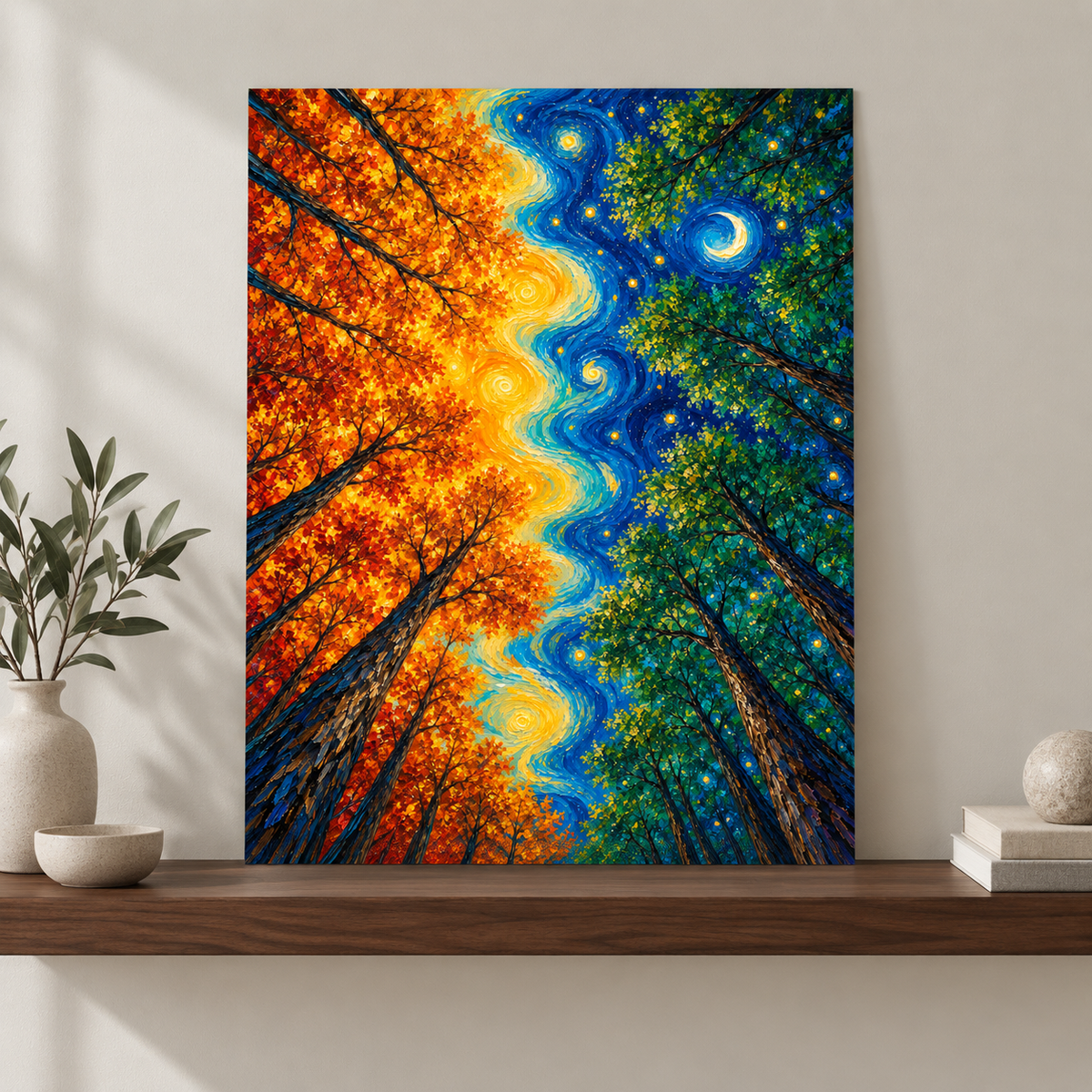 Day and Night Forest Sun and Moon Canvas Wall Art - canvas detail view 8