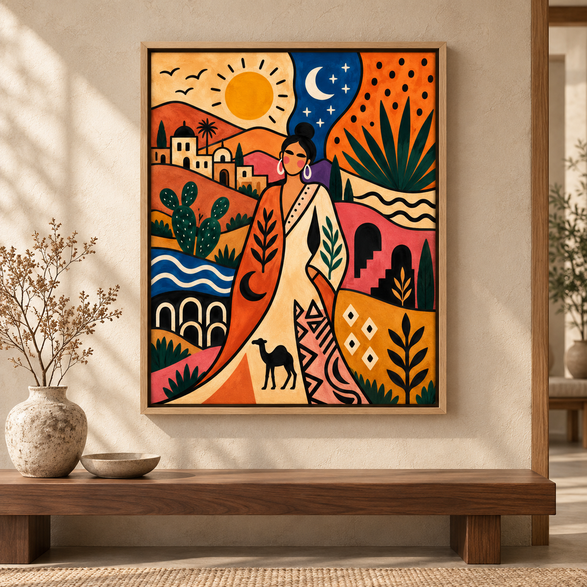 Boho Desert Woman Sun and Moon Canvas Wall Art - main canvas artwork