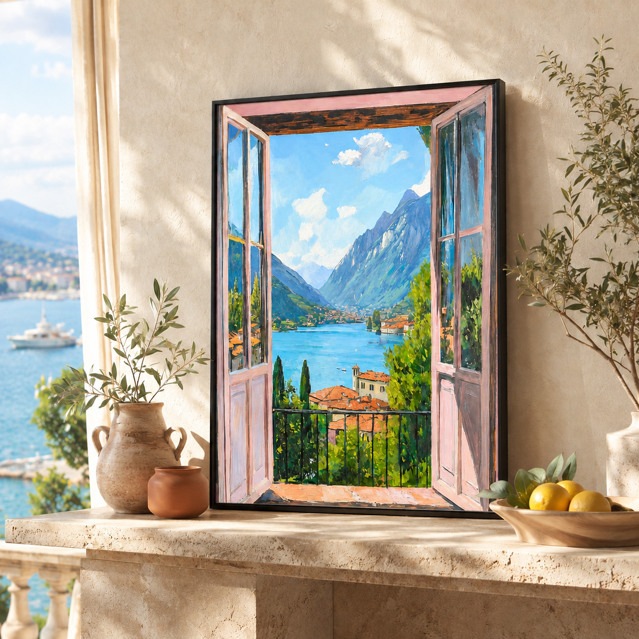 Italian Lake Window Canvas Wall Art Aura Canvas
