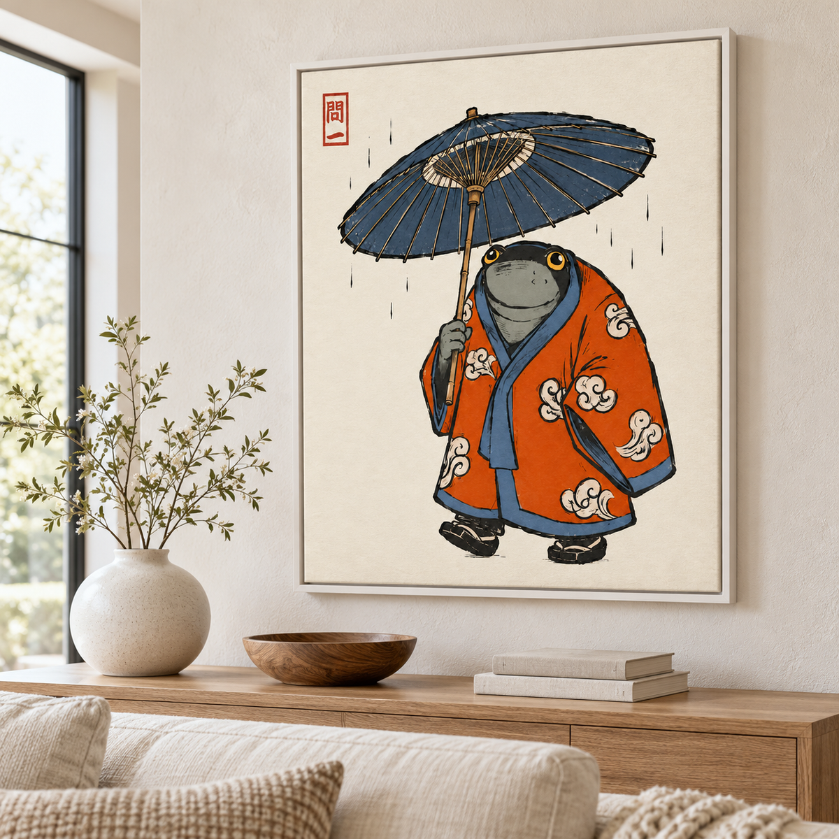 Japanese Frog in Orange Kimono with Umbrella Canvas Wall Art