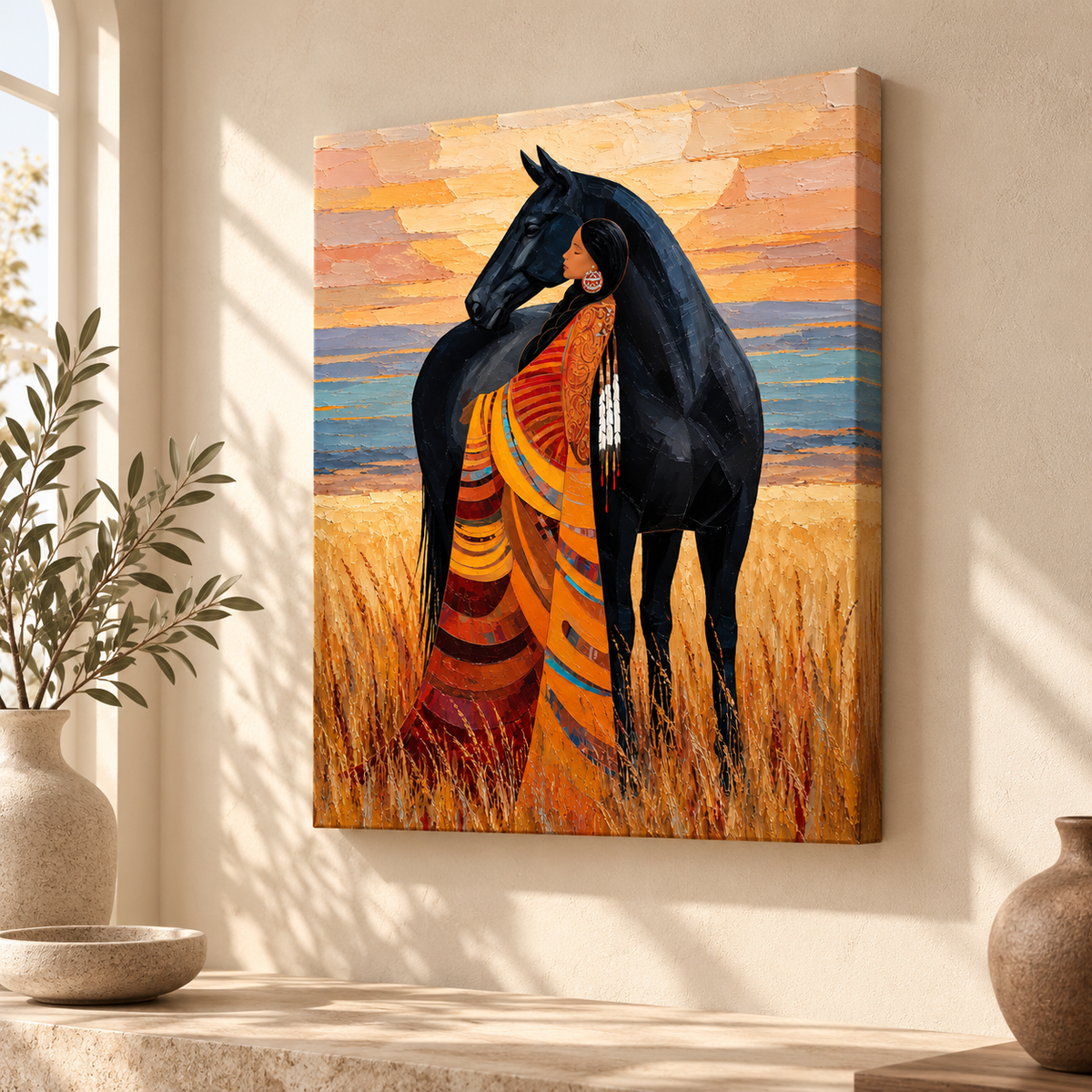 Woman and Black Horse Western Canvas Wall Art - canvas detail view 6
