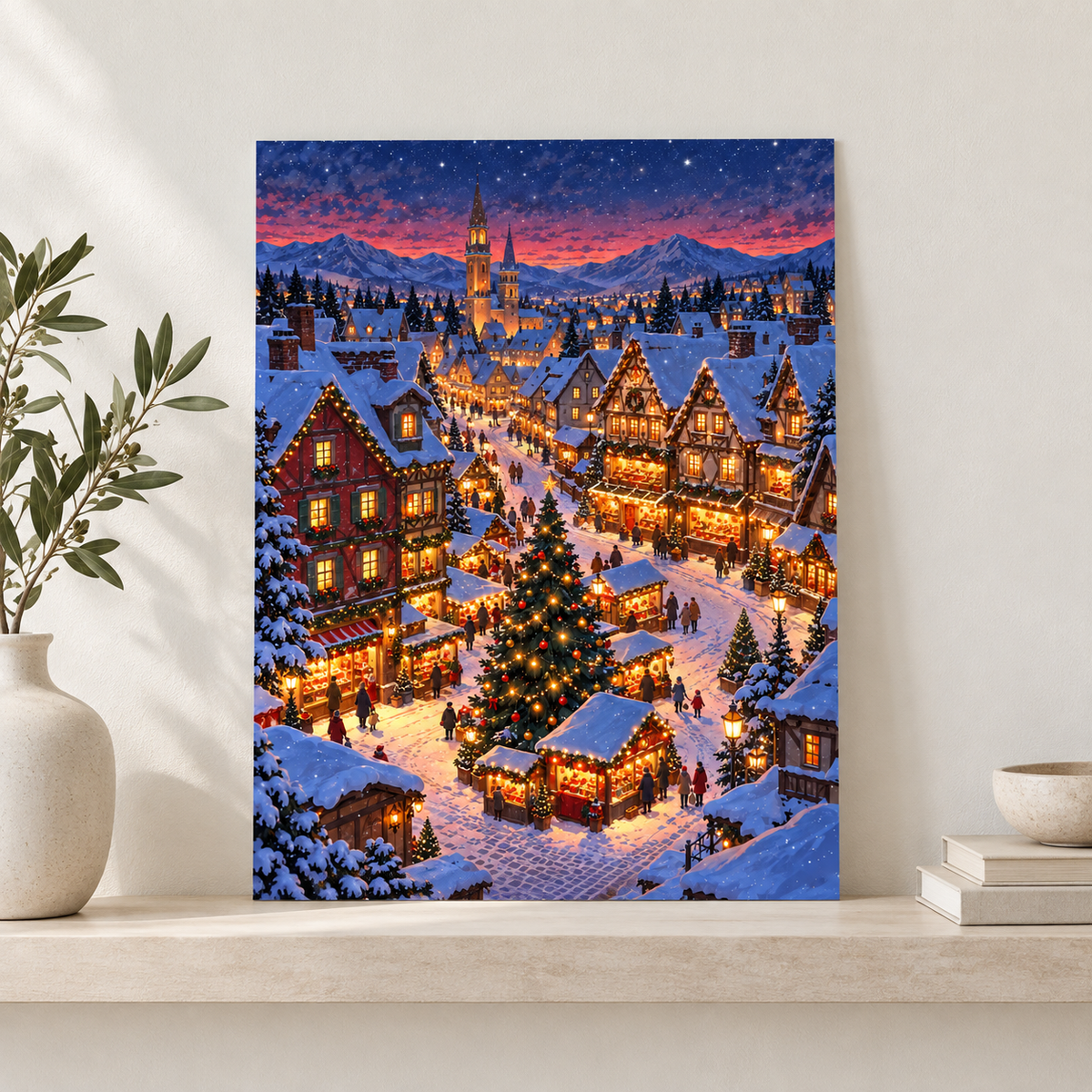 Snowy Alpine Christmas Market Village Canvas Wall Art - canvas detail view 7