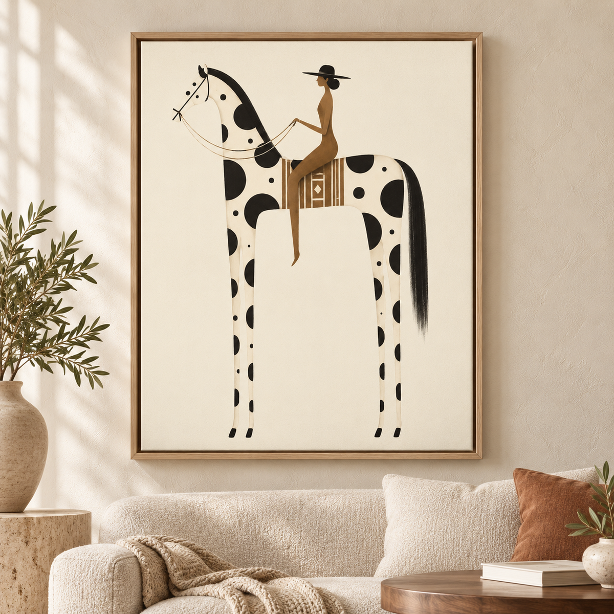 Minimalist Woman Riding Spotted Horse Canvas Wall Art - main canvas artwork
