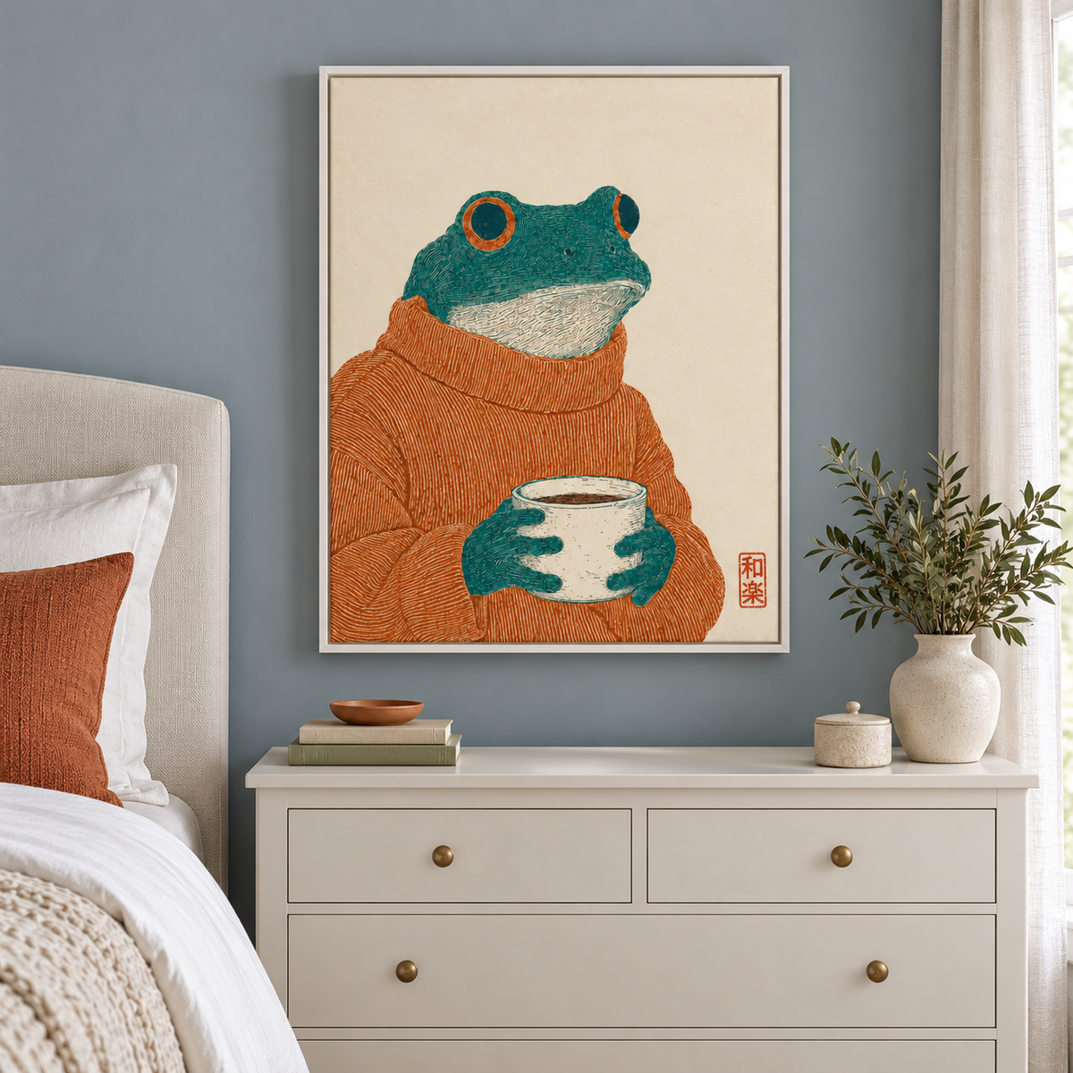 Cozy Frog with Coffee Canvas Wall Art