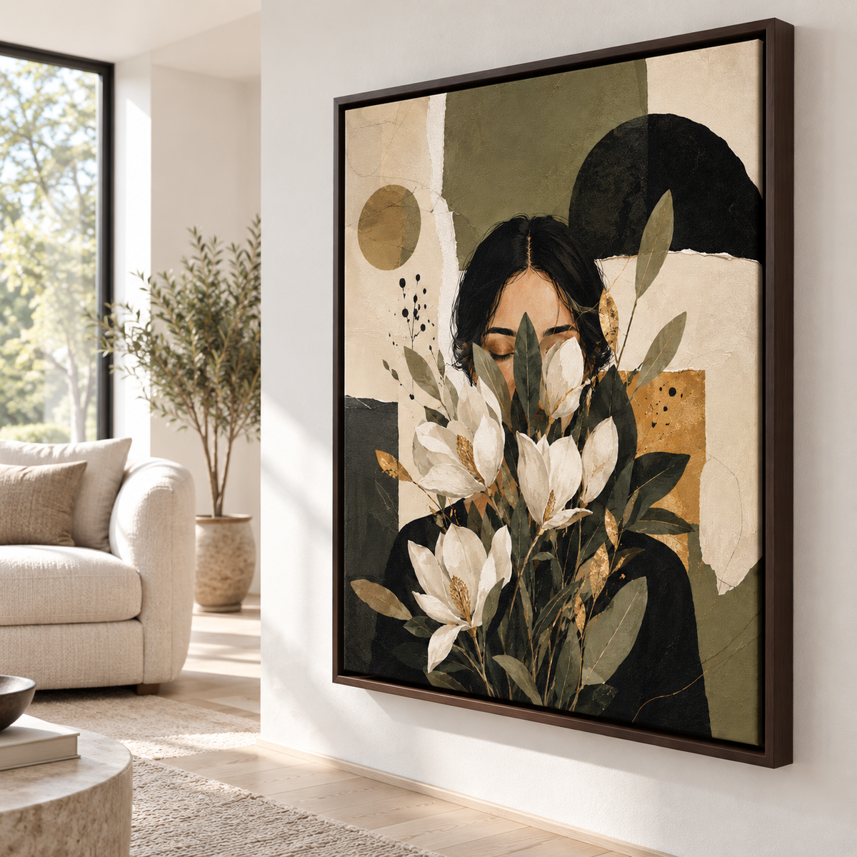 Boho Woman Portrait with White Flowers Canvas Wall Art - canvas artwork view 4