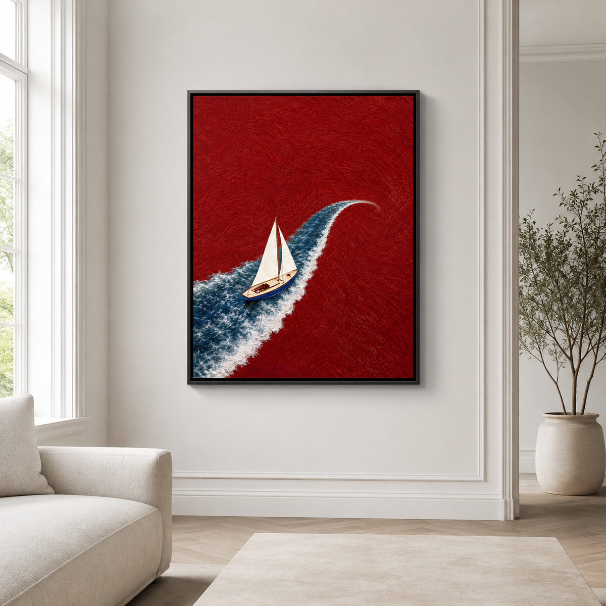 Red Ocean Sailboat Canvas Wall Art