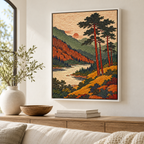 Vintage Pine Forest and Mountain Lake Canvas Wall Art