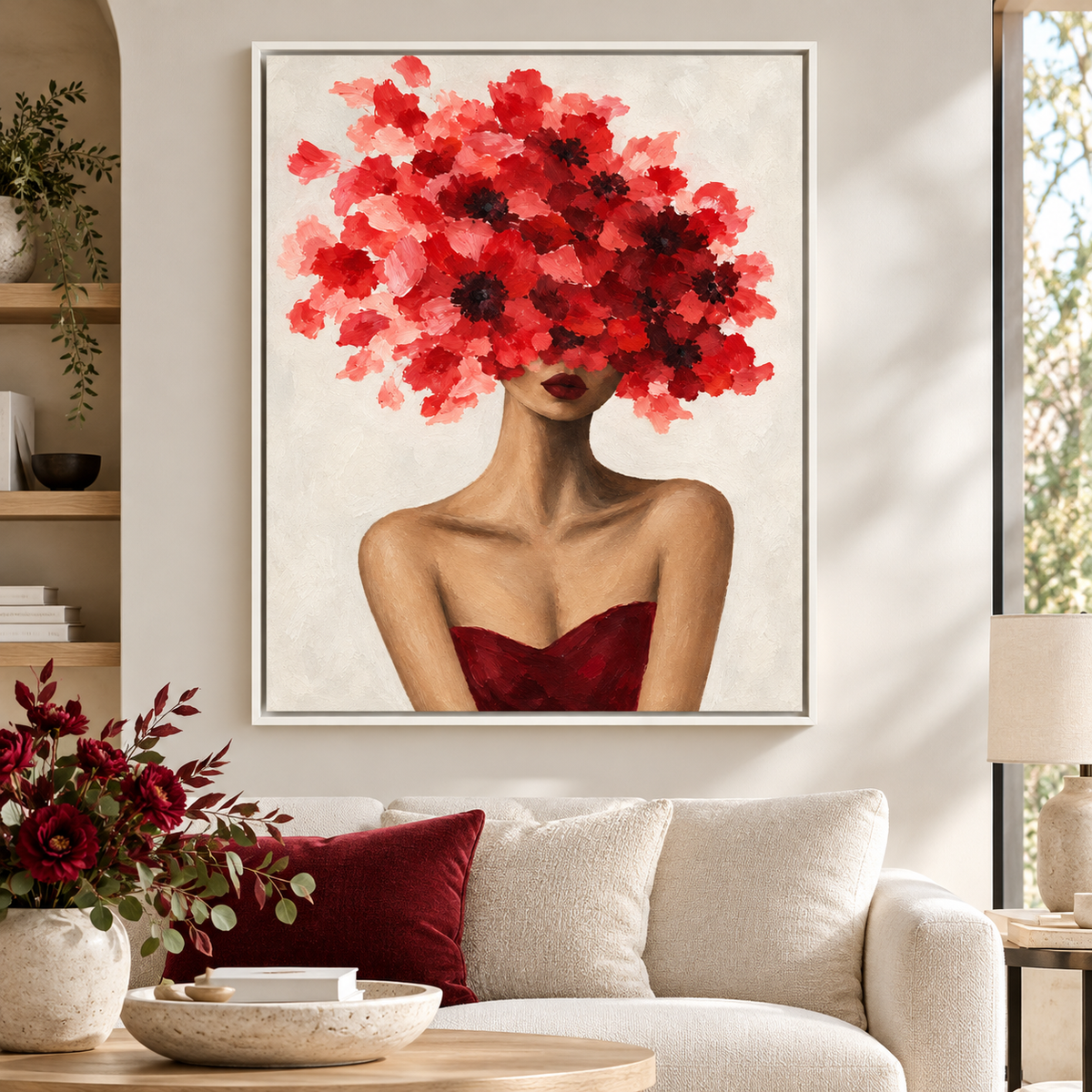 Red Floral Woman Portrait Canvas Wall Art