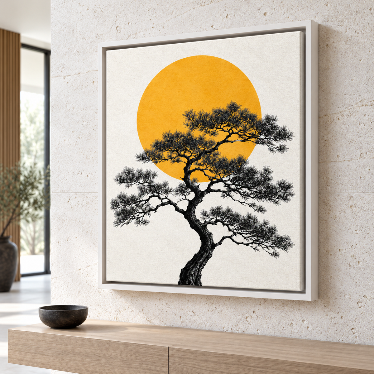 Japanese Pine Tree with Golden Sun Canvas Wall Art