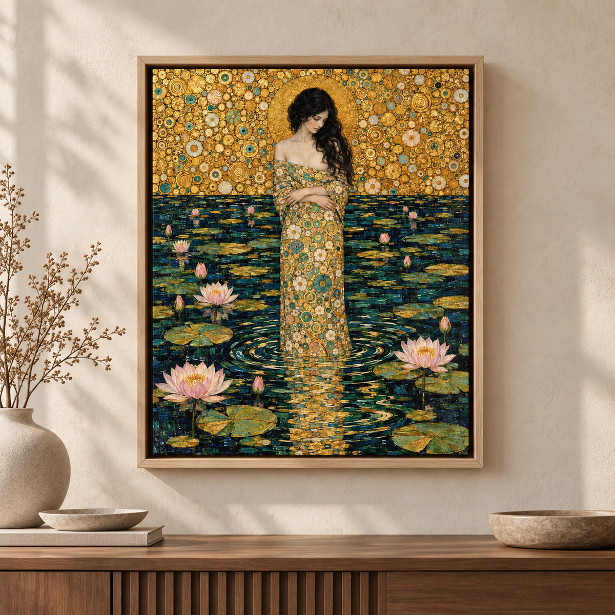 Golden Lotus Woman Art Nouveau Canvas Wall Art - main canvas artwork