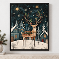 Christmas Reindeer in Snowy Village Canvas Wall Art - close-up detail