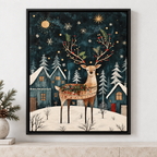 Christmas Reindeer in Snowy Village Canvas Wall Art - close-up detail