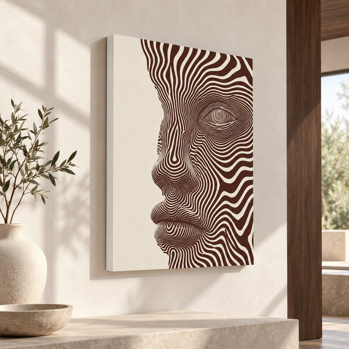 Brown and Cream Abstract Face Line Art Canvas Wall Art - lifestyle room mockup