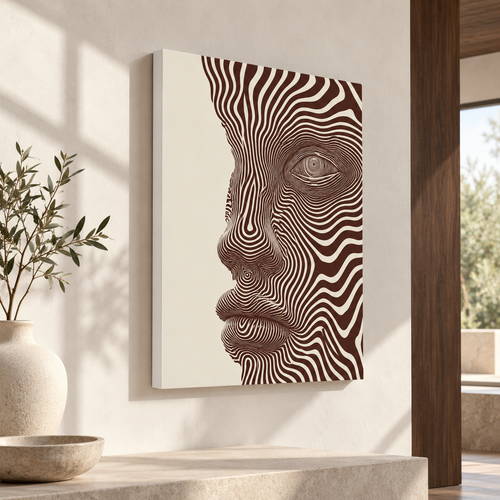Brown and Cream Abstract Face Line Art Canvas Wall Art - lifestyle room mockup