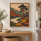 Vintage Pine Forest and Mountain Lake Canvas Wall Art