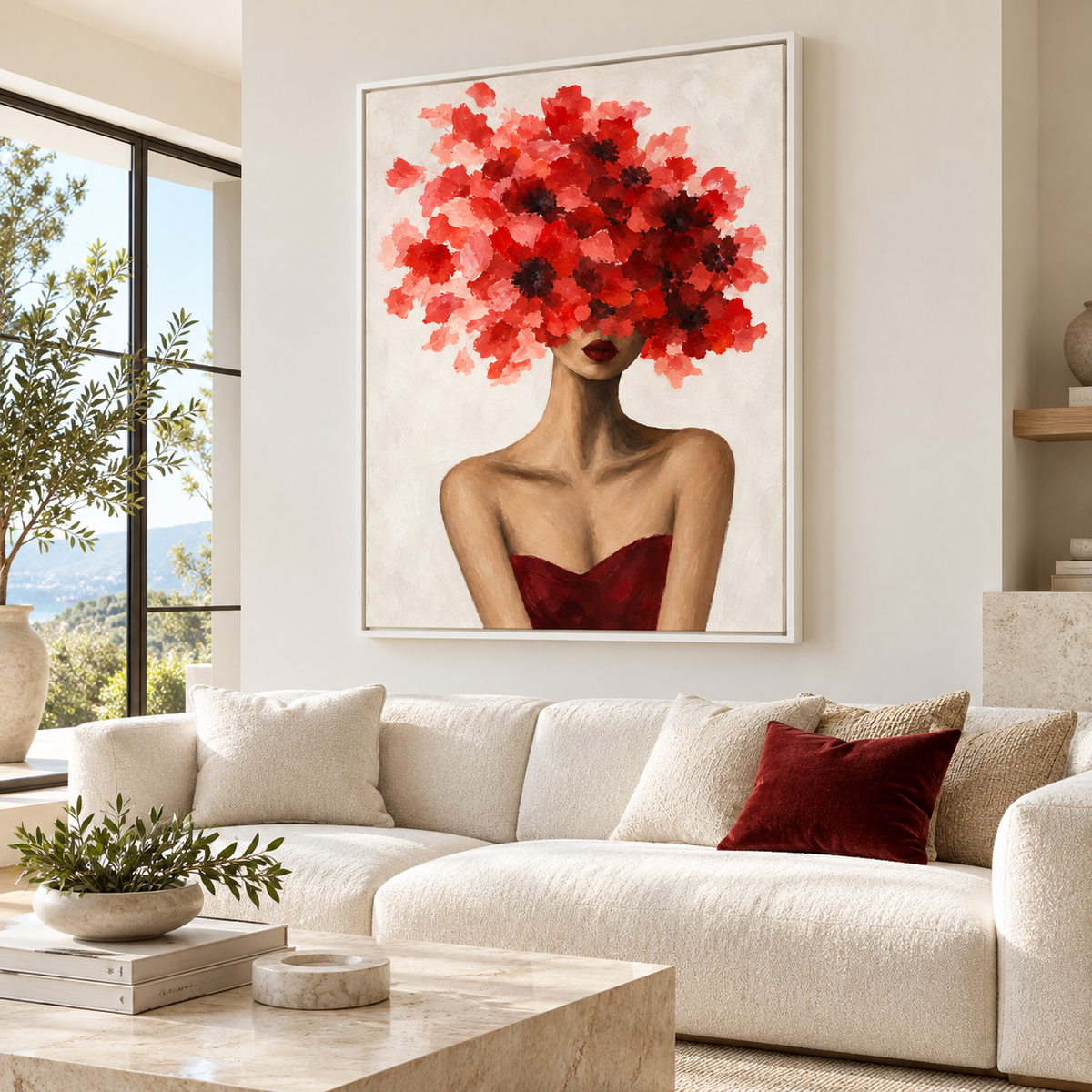 Red Floral Woman Portrait Canvas Wall Art