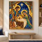 Blue and Gold Nativity Scene Canvas Wall Art - framed room mockup