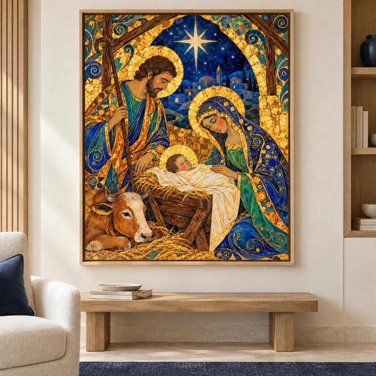 Blue and Gold Nativity Scene Canvas Wall Art - framed room mockup
