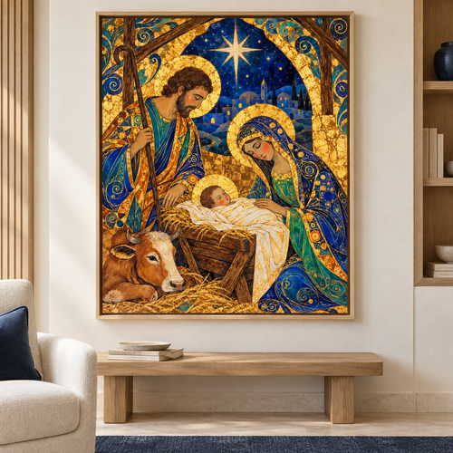 Blue and Gold Nativity Scene Canvas Wall Art - framed room mockup