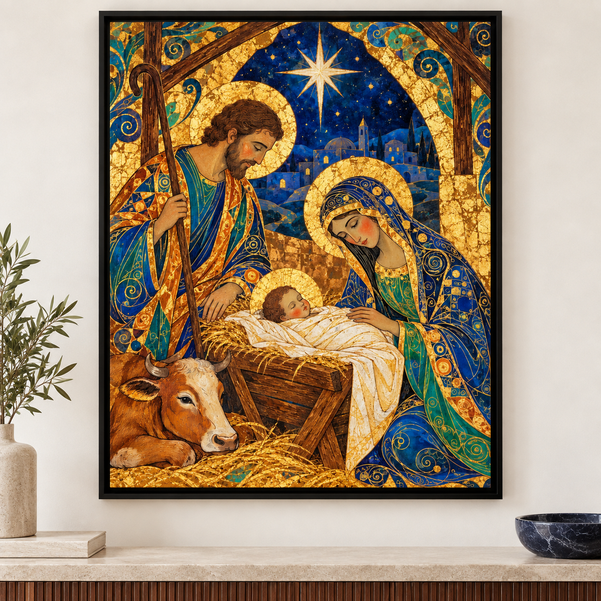 Blue and Gold Nativity Scene Canvas Wall Art - alternate canvas view