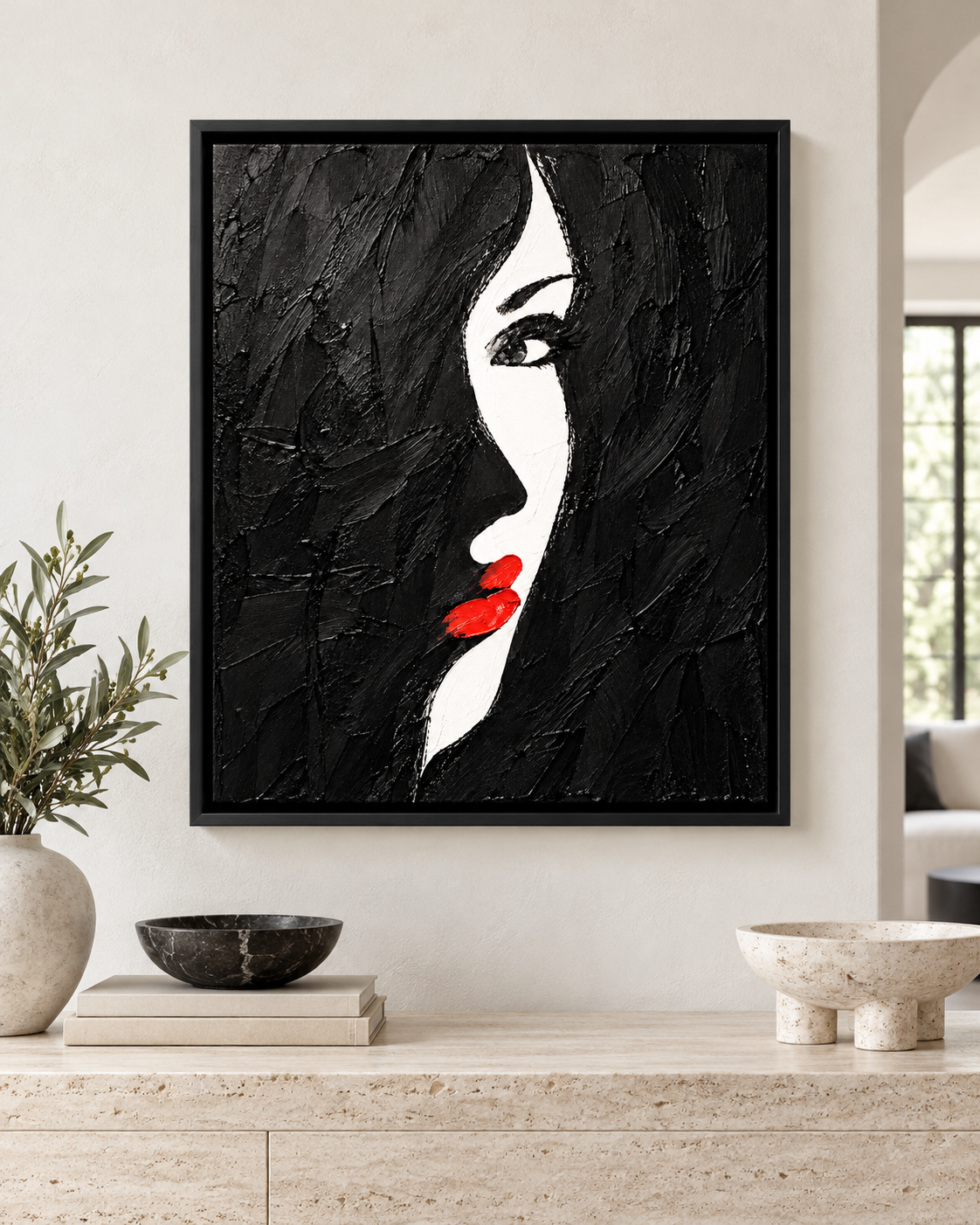 Black and White Woman Red Lips Canvas Wall Art