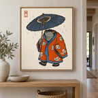 Japanese Frog in Orange Kimono with Umbrella Canvas Wall Art