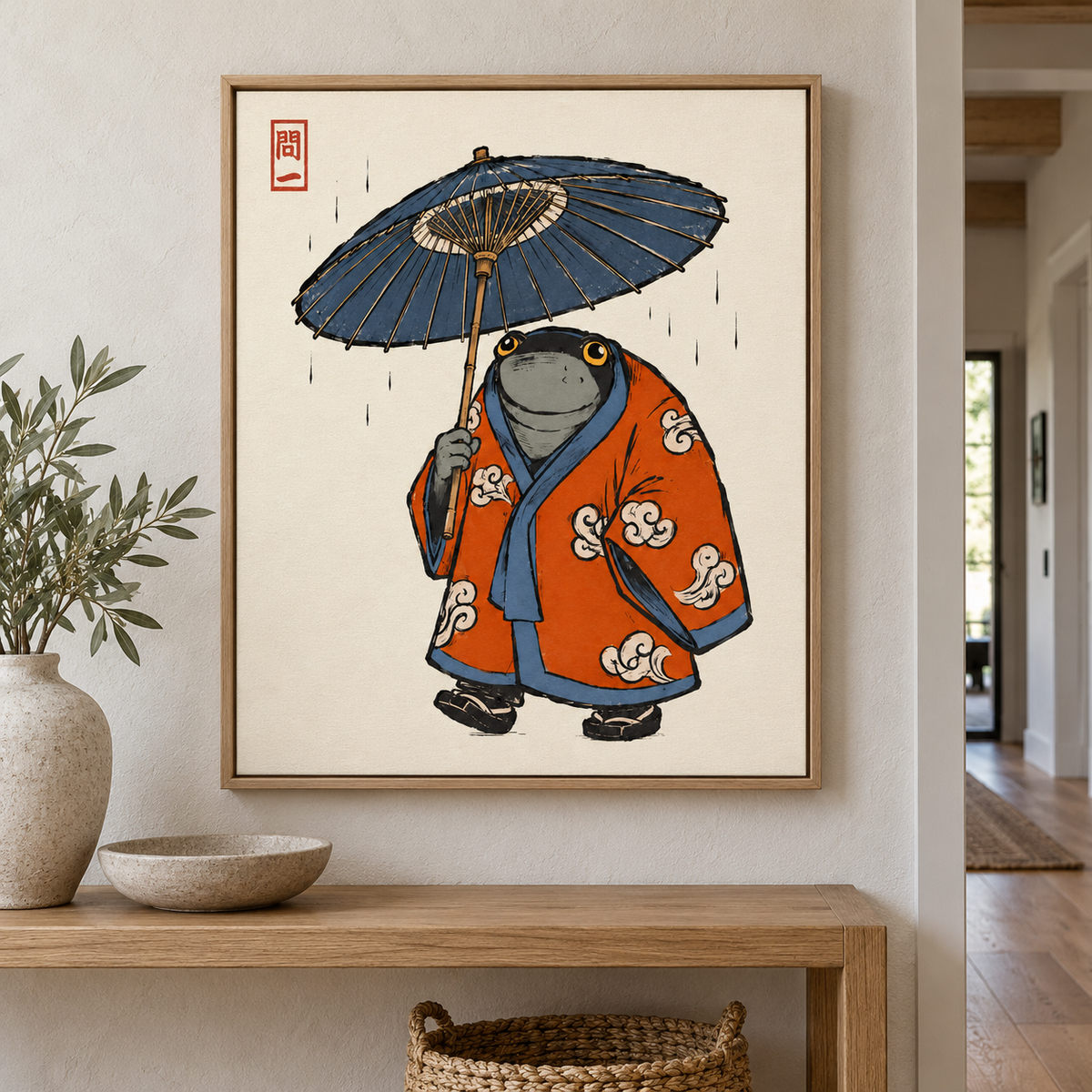 Japanese Frog in Orange Kimono with Umbrella Canvas Wall Art