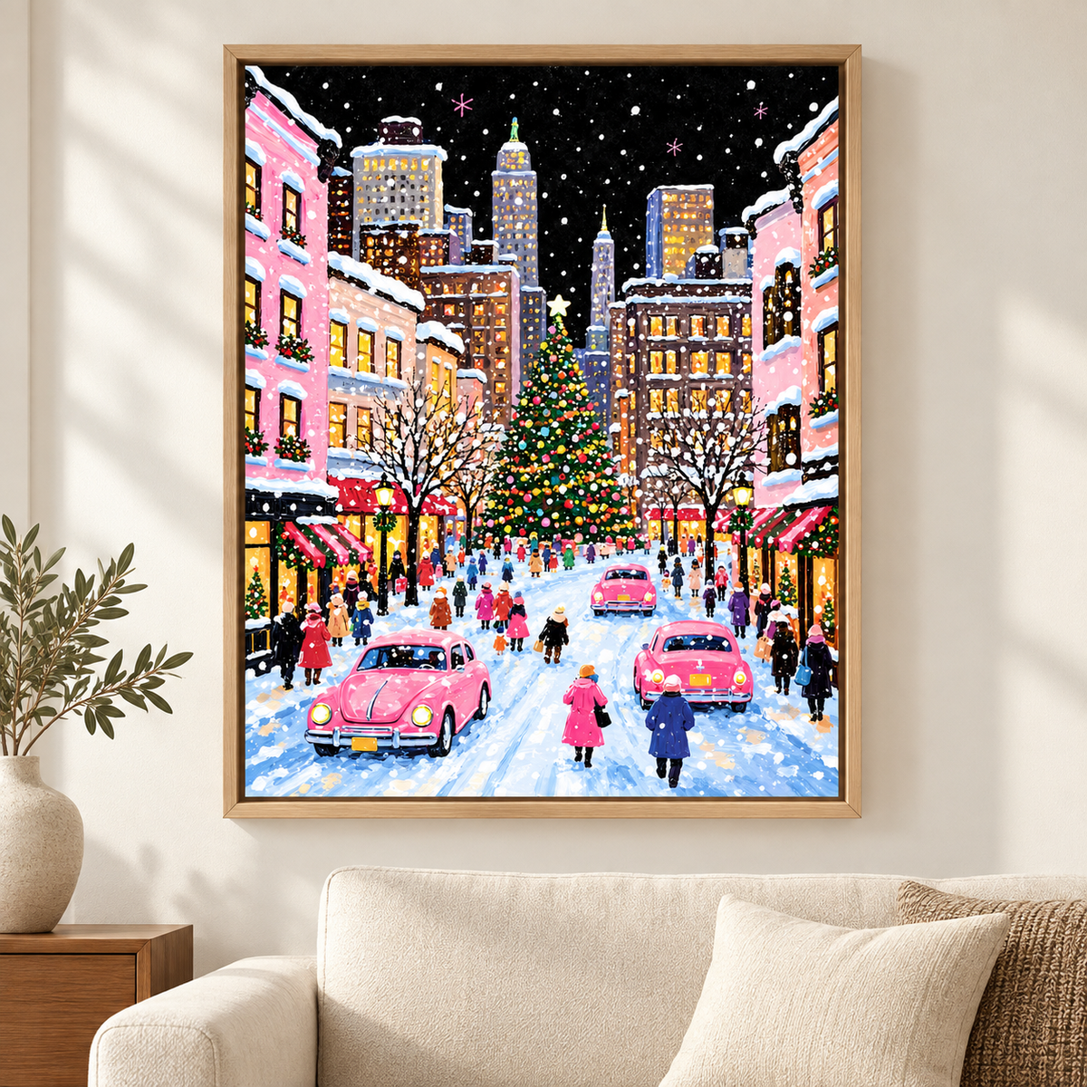 Pink Christmas City Street Canvas Wall Art - main canvas artwork