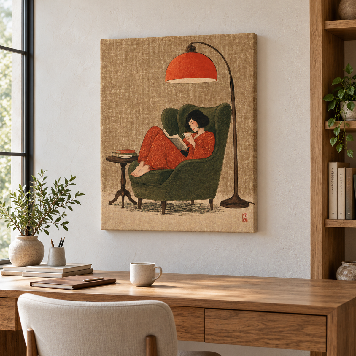 Cozy Woman Reading in Green Armchair Canvas Wall Art