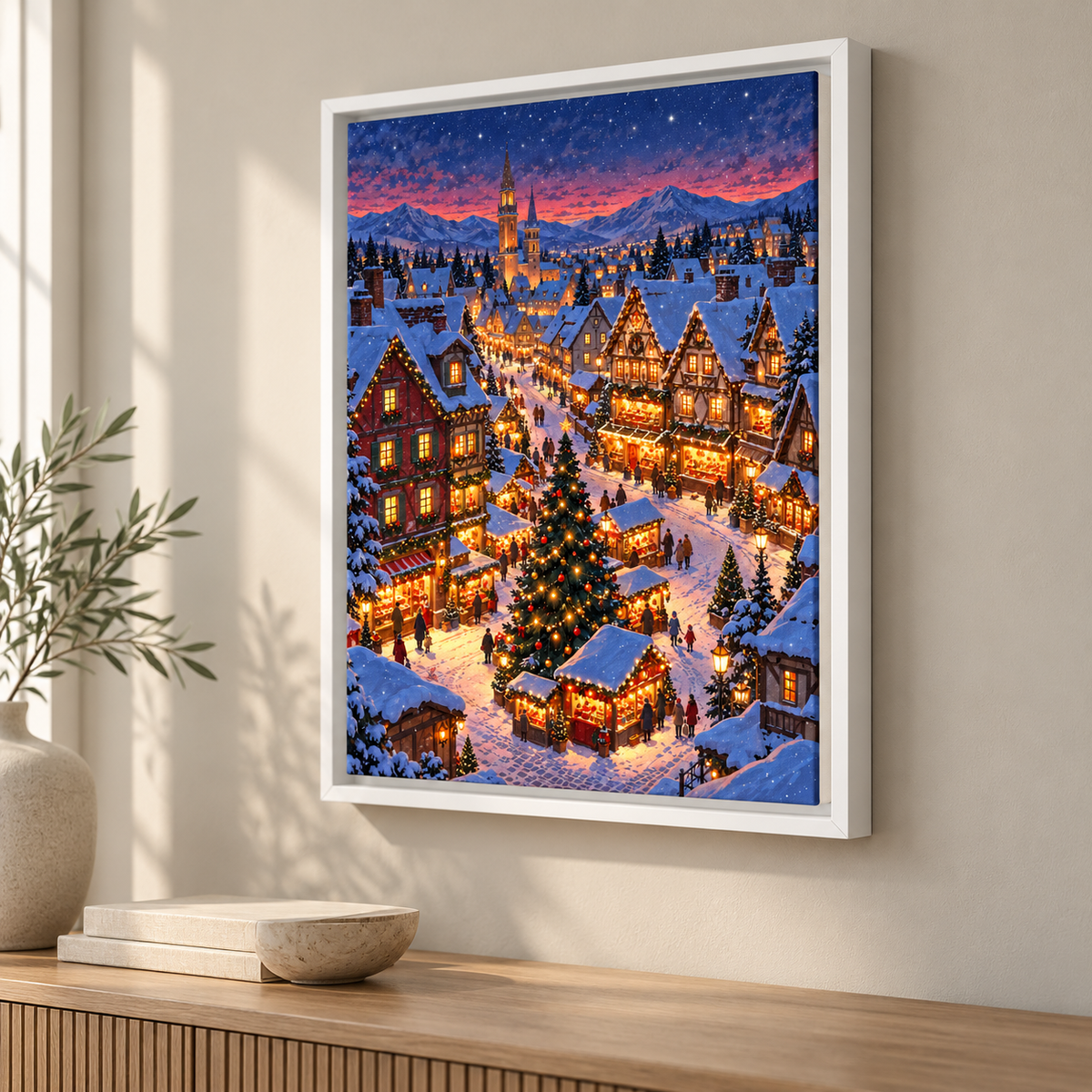 Snowy Alpine Christmas Market Village Canvas Wall Art - lifestyle room mockup
