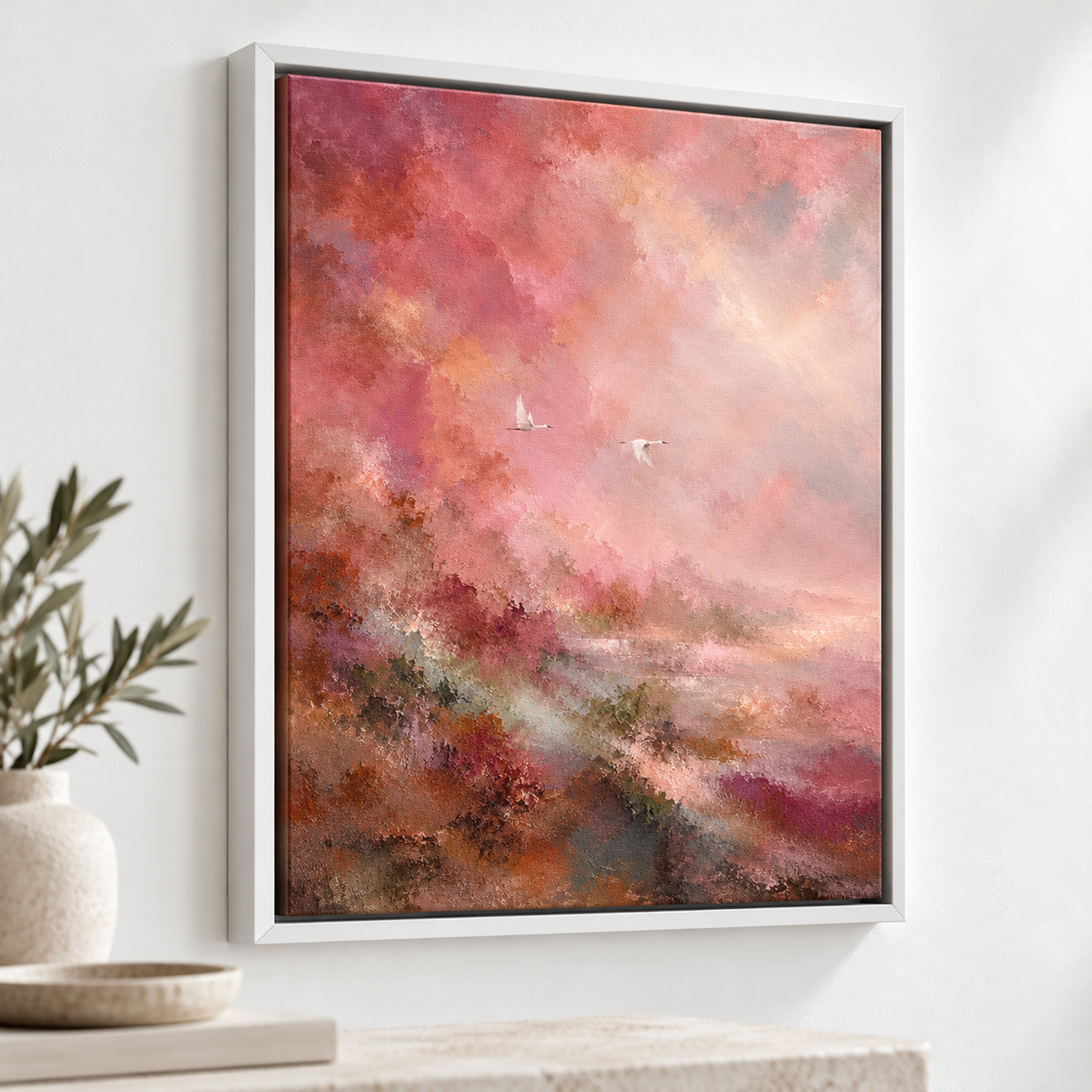 Blush Pink Abstract Landscape with Cranes Canvas Wall Art