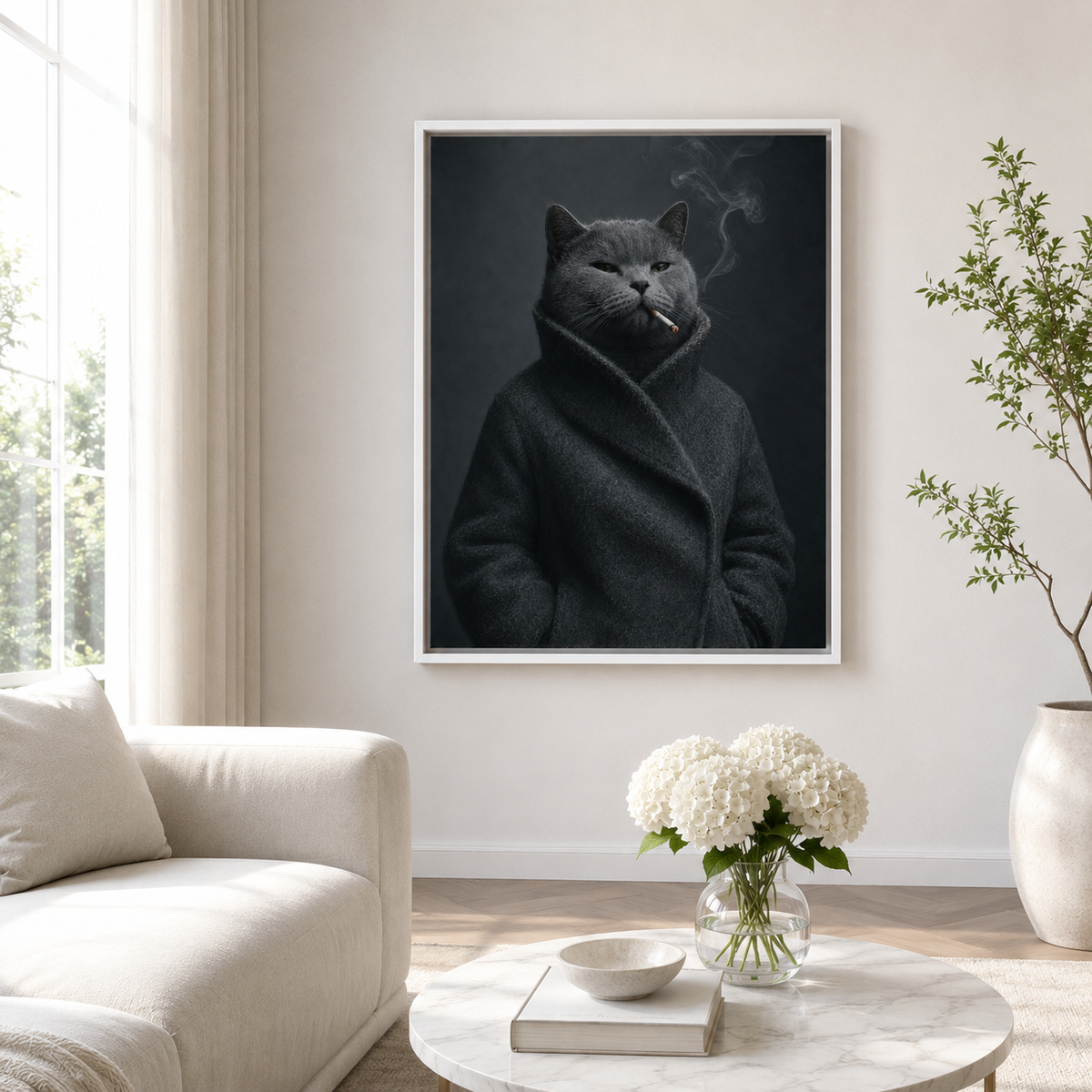 Custom Moody Gray Cat Portrait Canvas Wall Art