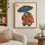 Japanese Frog in Orange Kimono with Umbrella Canvas Wall Art