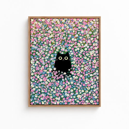 Black Cat Flower Field Canvas Wall Art Aura Canvas