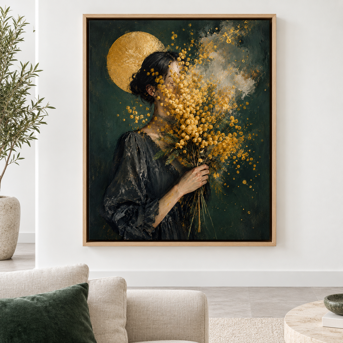 Woman with Golden Flowers Portrait Canvas Wall Art - lifestyle room mockup