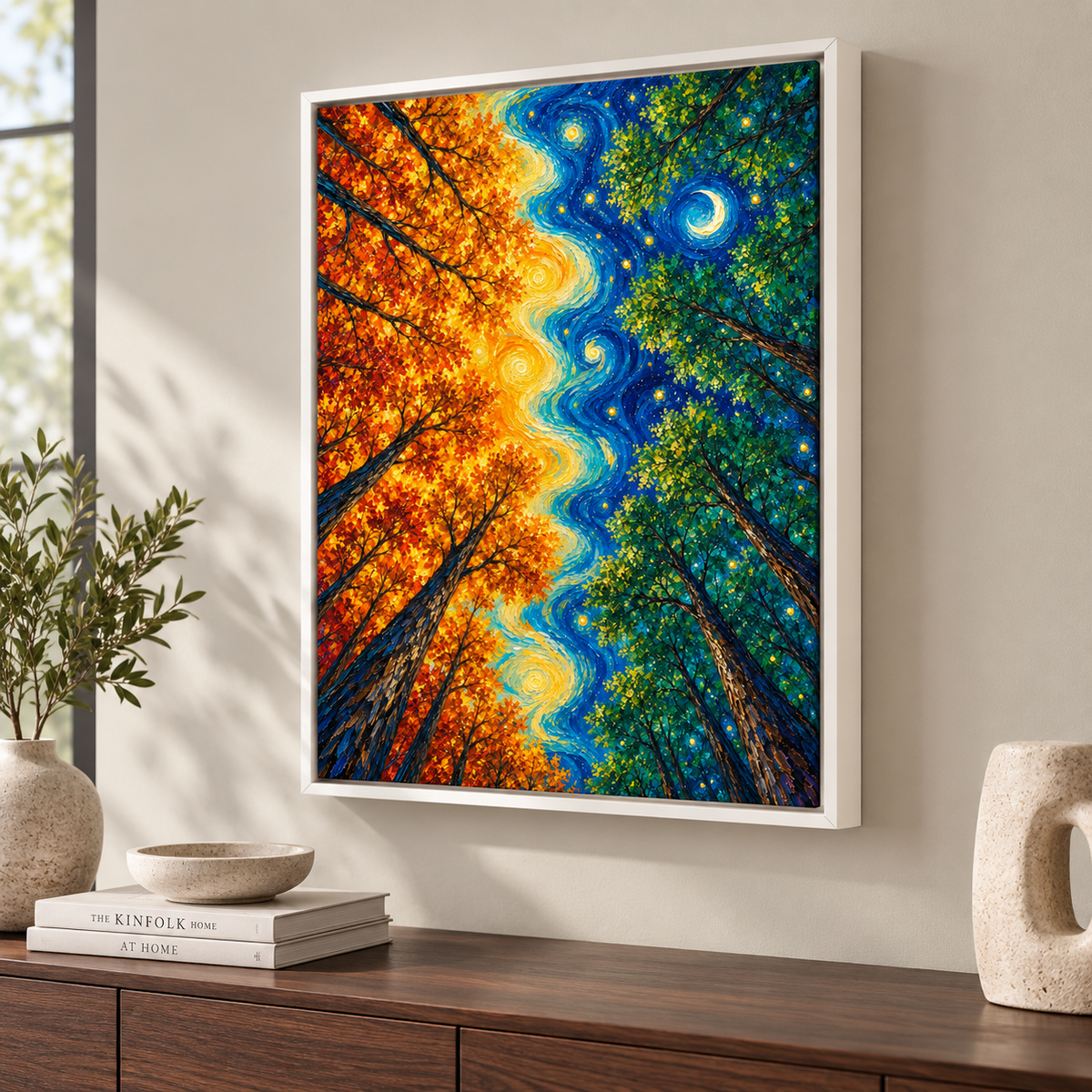 Day and Night Forest Sun and Moon Canvas Wall Art - lifestyle room mockup
