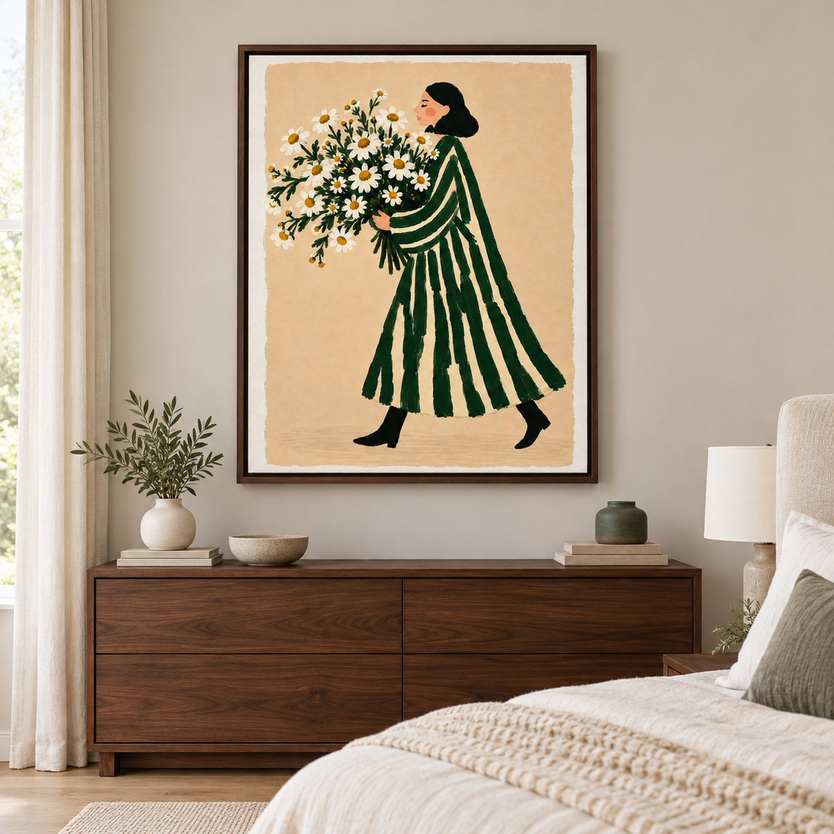 Woman with Daisy Bouquet Canvas Wall Art