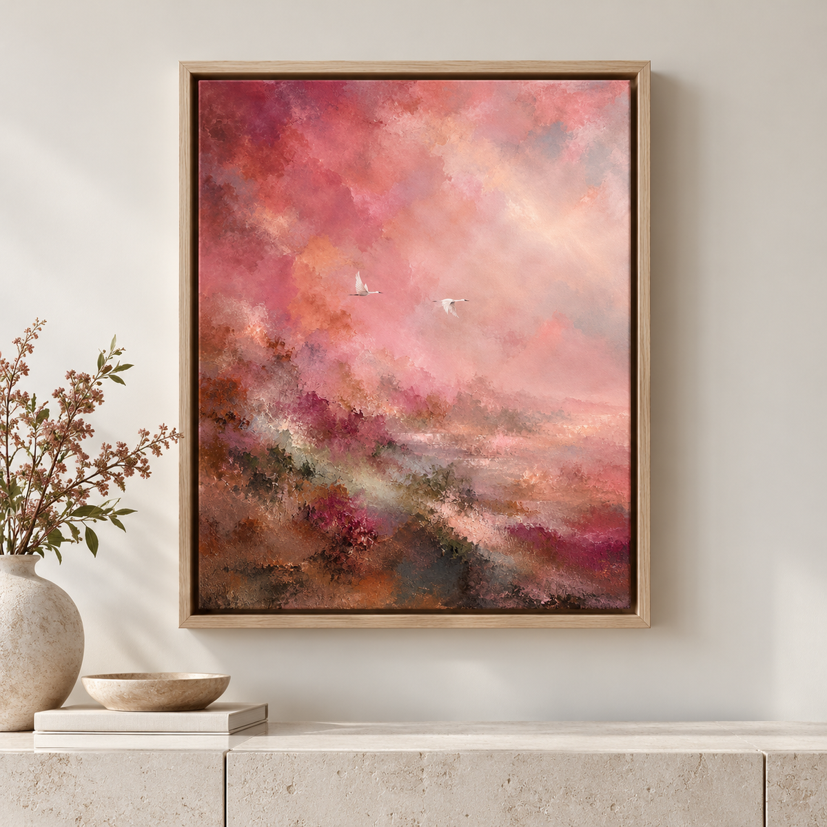 Blush Pink Abstract Landscape with Cranes Canvas Wall Art