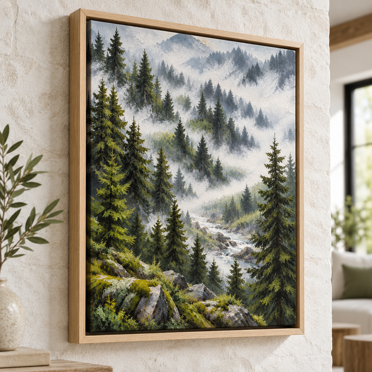 Misty Evergreen Forest and Mountain Stream Canvas Wall Art