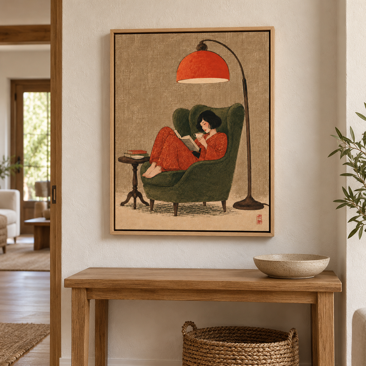 Cozy Woman Reading in Green Armchair Canvas Wall Art