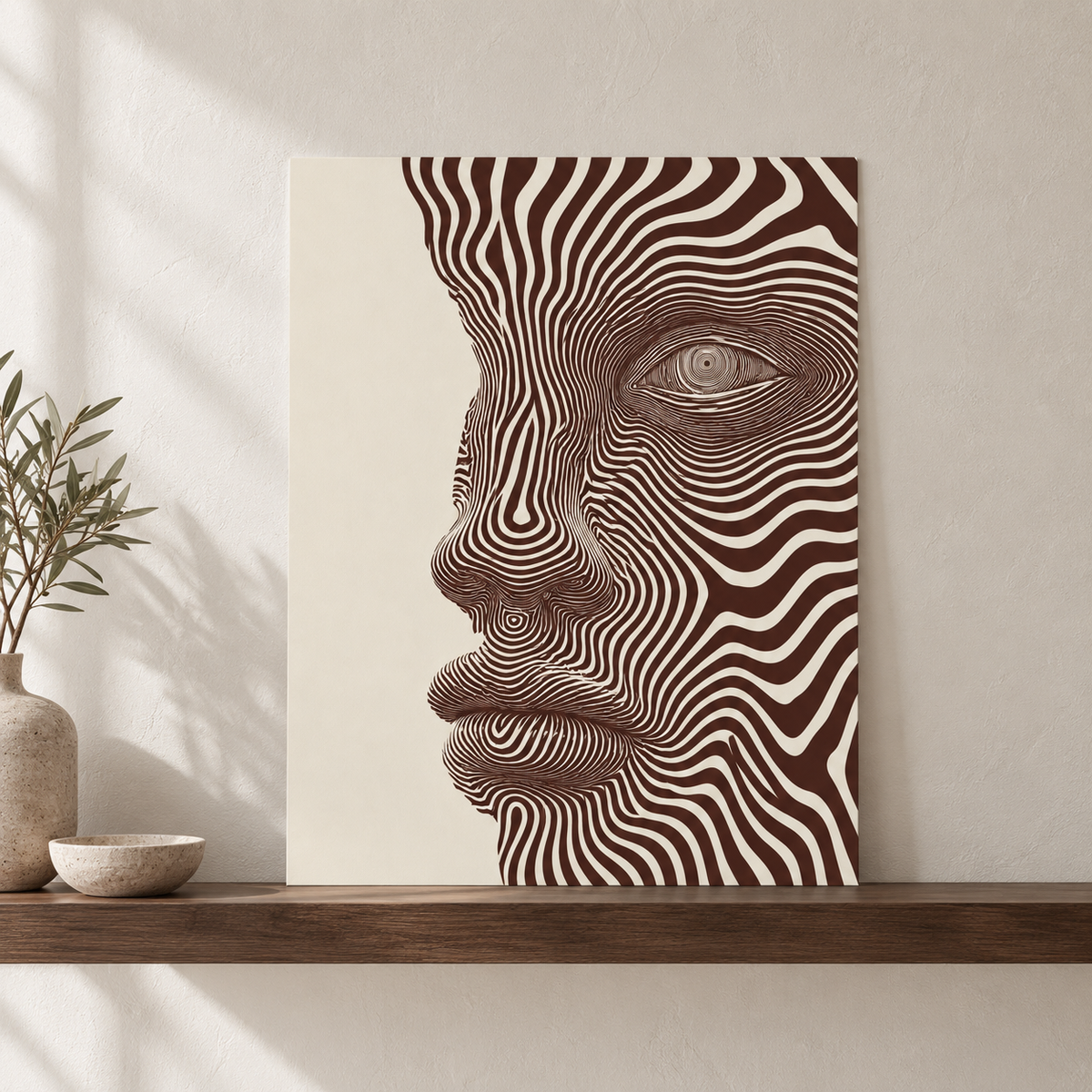 Brown and Cream Abstract Face Line Art Canvas Wall Art - canvas detail view 7