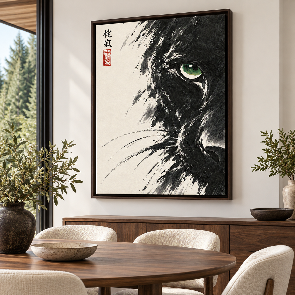 Japanese Black Cat Green Eye Canvas Wall Art
