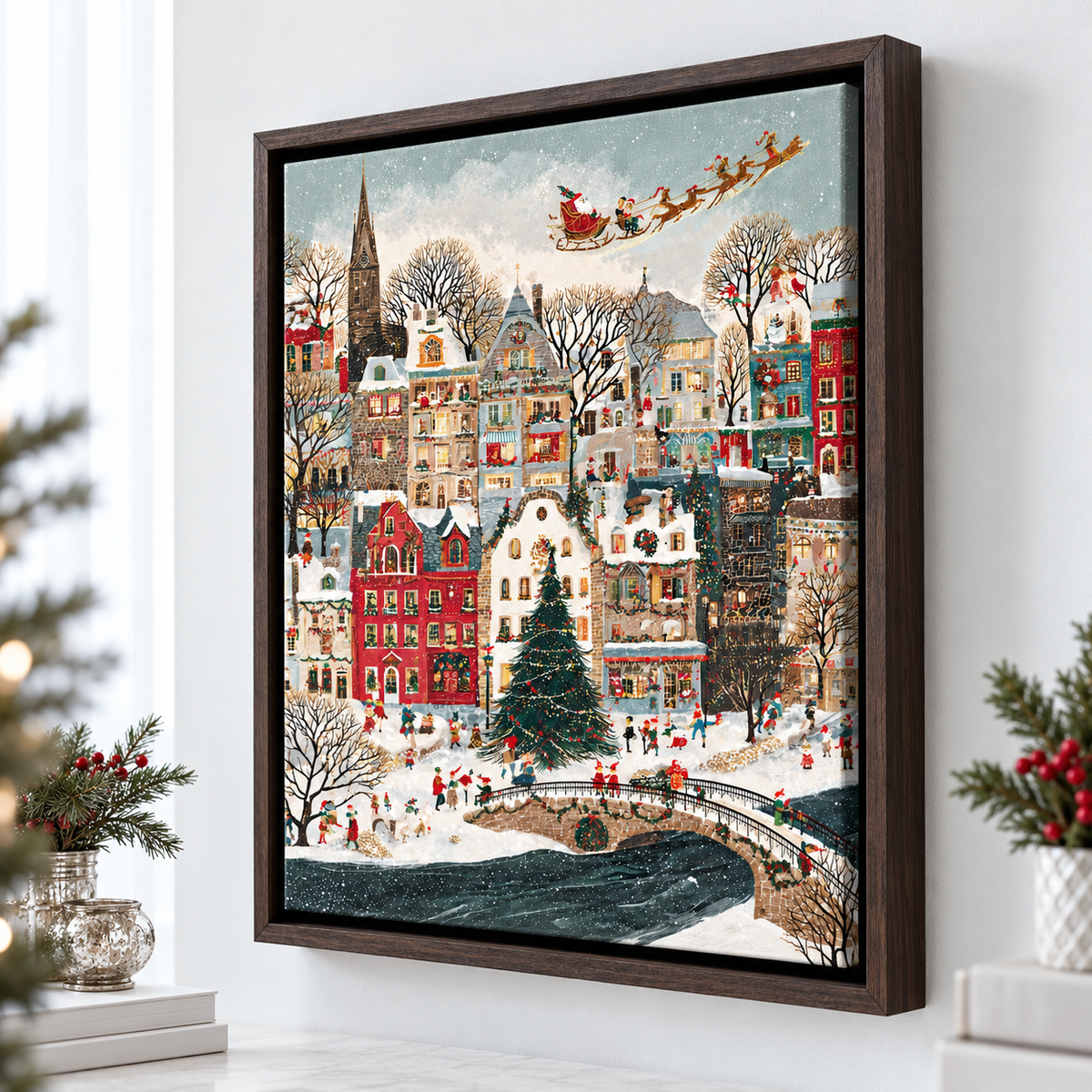 Snowy Christmas Village with Santa Sleigh Canvas Wall Art - close-up detail