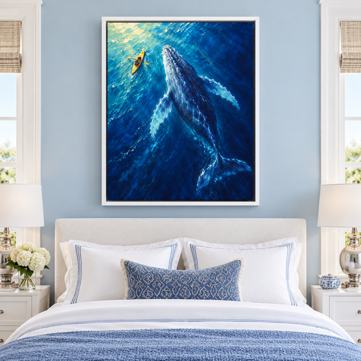 Humpback Whale and Yellow Kayak Canvas Wall Art