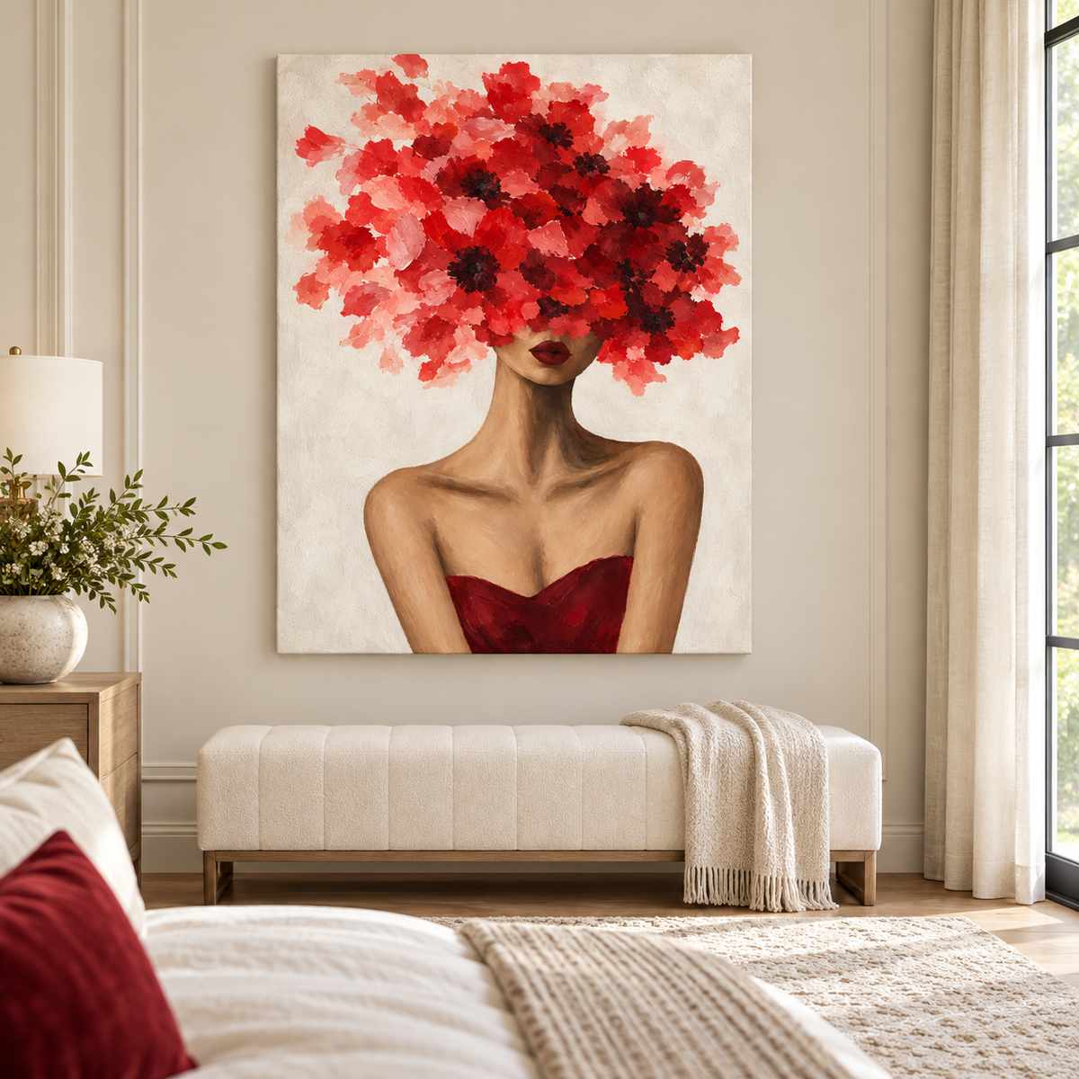 Red Floral Woman Portrait Canvas Wall Art