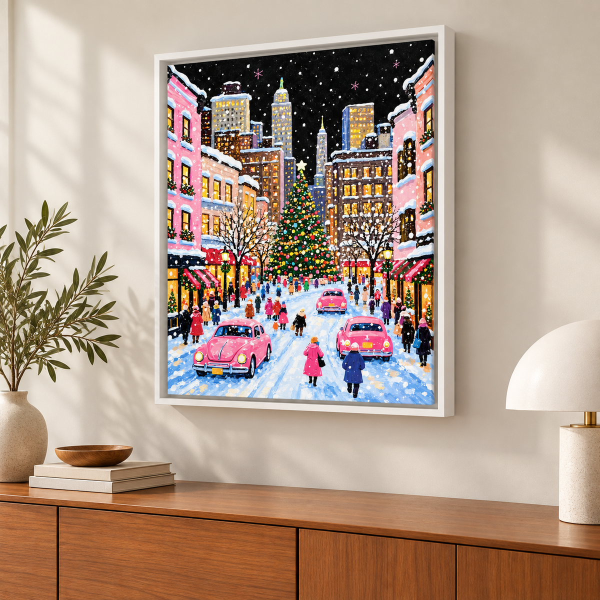 Pink Christmas City Street Canvas Wall Art - lifestyle room mockup