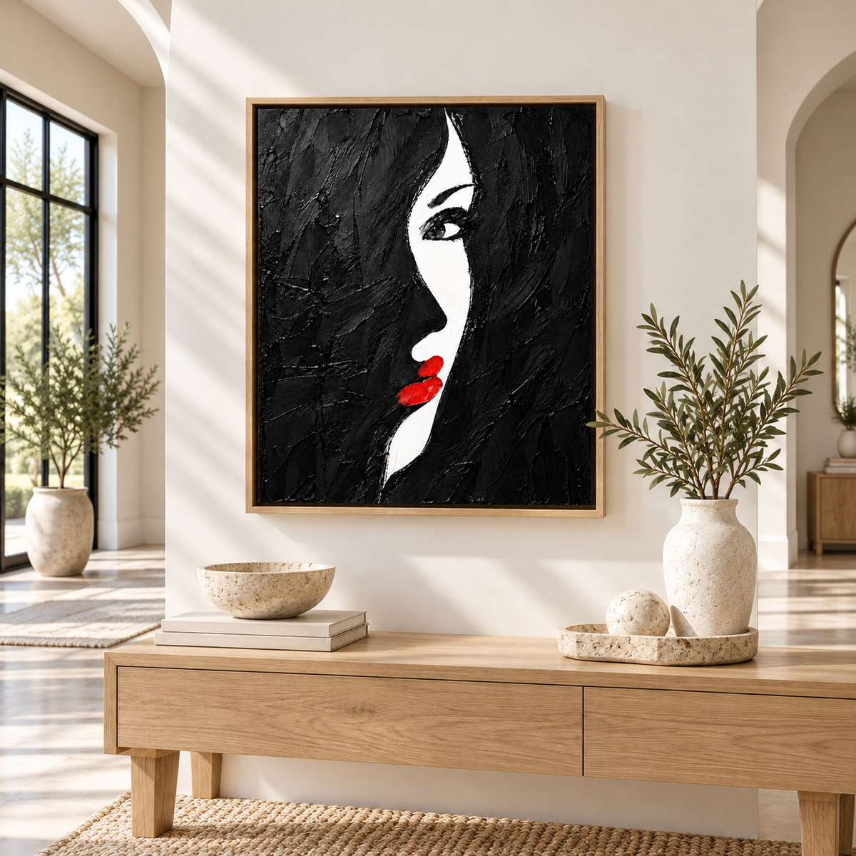 Black and White Woman Red Lips Canvas Wall Art