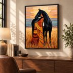 Woman and Black Horse Western Canvas Wall Art - canvas detail view 4