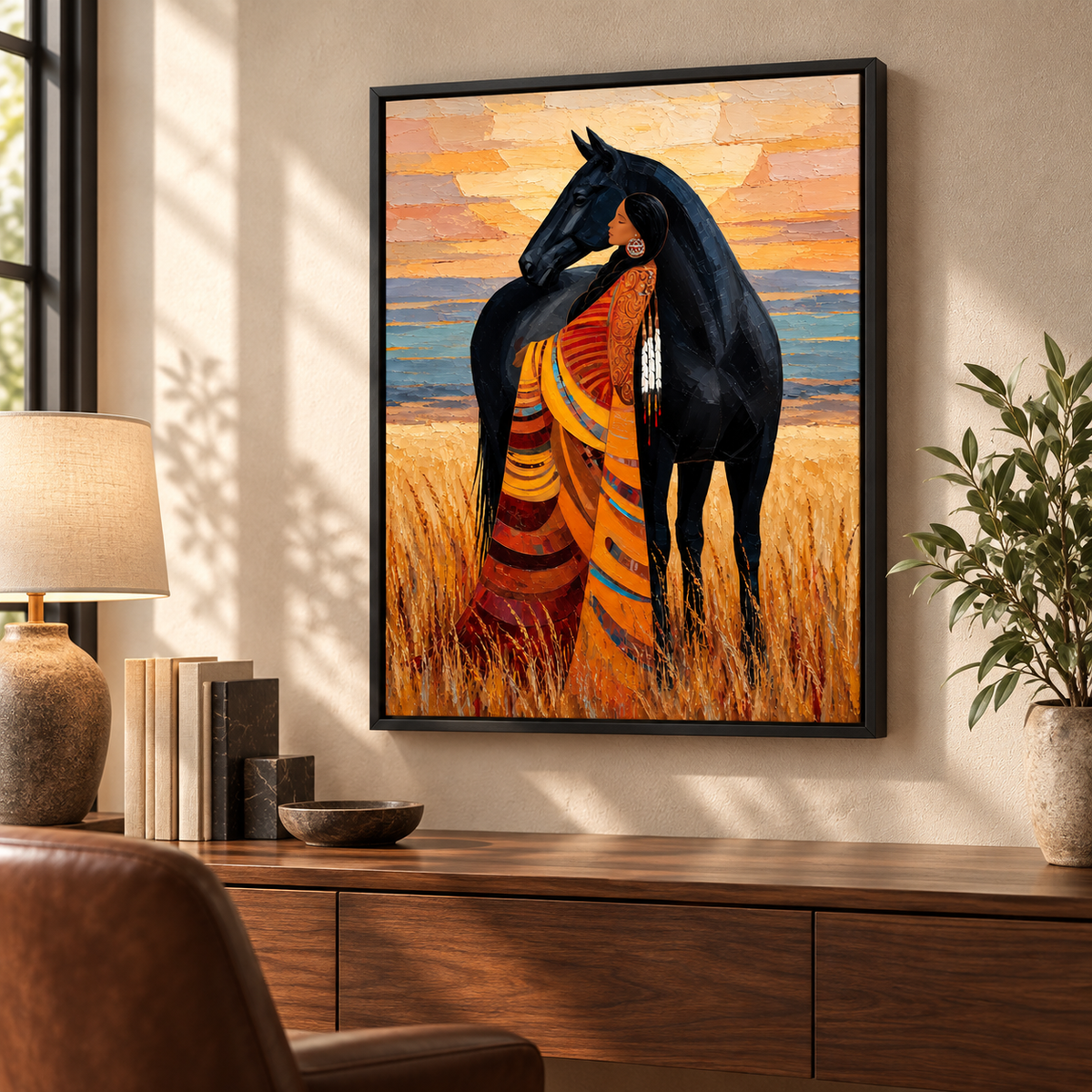 Woman and Black Horse Western Canvas Wall Art - canvas detail view 4